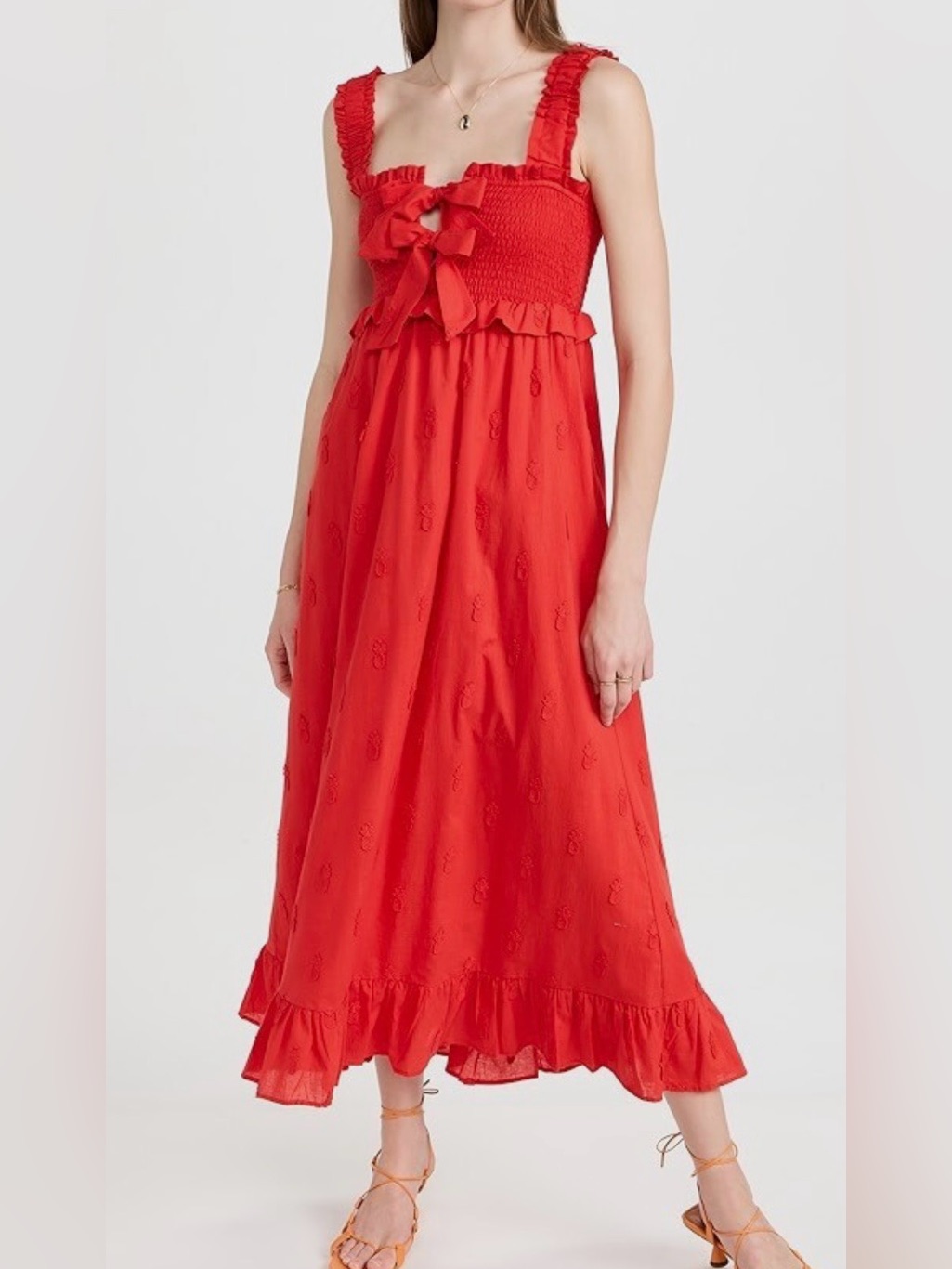 Red Ruffle Midi Dress With Front Bow